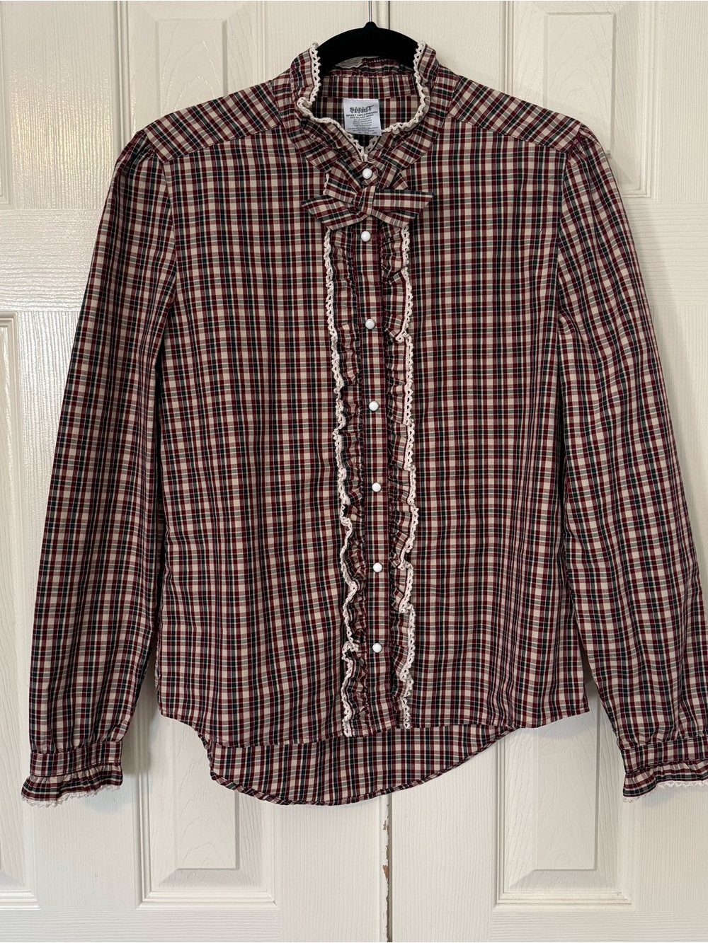 “Stranger Things” Ruffle-Front Button Down Shirt - Red/ Cream